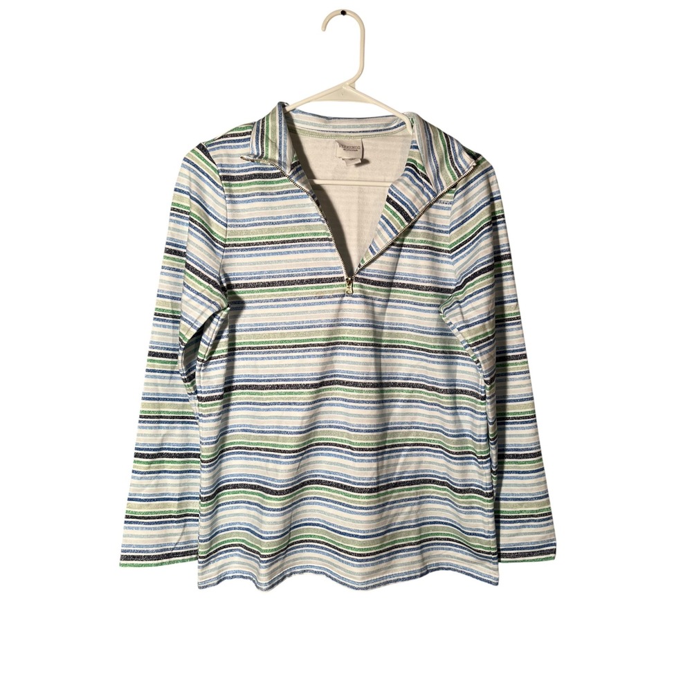 Weekends by Chico's Women's Sz 0 (Small/ 4) Quarter Zip Sweatshirt White Stripes